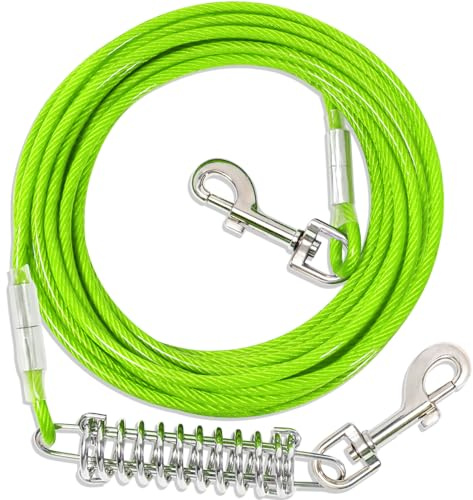Green Upgraded Dog Tie Out Cable Leash with Spring, 360° Metal Swivel Hooks, Yard Steel Wire Dog Cable with Durable Superior Clips for Outside Lead (3m)