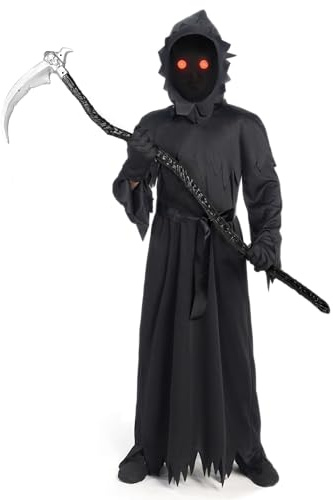 Spooktacular Creations Costume da bambino unisex nero da mietitore con guanti, falce, occhiali luminosi per ragazzi, inquietante costume da fantasma per Halloween Grande (10-12 anni)