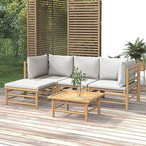 LAPOOH 5-TLG. Garten-Lounge-Set mit Hellgrauen Kissen, Gartenlounge, Balkon Möbel, Gartenmöbel, Balkonmöbel, Balkon Möbel Set, Möbelsets, Balkon Lounge, Bambus