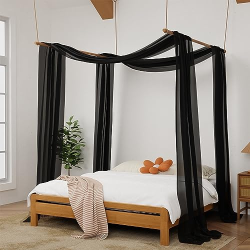Hptmus Betthimmel-Vorhänge, 2 Paneele, 132 x 57 cm, schwarzer transparenter Schal für Erwachsene, Mädchen, Raumdekoration (Queen&Full)