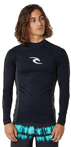 RIP CURL Mens Waves UPF Performance Long Sleeve Rash Vest Top - Black - UV Sun Protection and SPF Properties