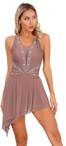 Freebily Femme Robe Patinage Danse Contemporaine Justaucorps Gymnastique Ballet Latine Jazz Adulte Tenue Patinage Artistique Costume Performance ZC Marron S