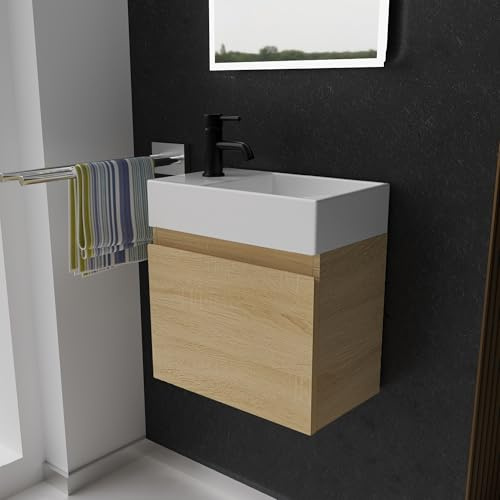 Alpenberger Gäste WC Waschbecken mit Unterschrank 45 cm Breit | Waschtisch Set Klein | Aufsatzwaschbecken Waschtischunterschrank Hängend | Bademöbel-Set | Waschbeckenunterschrank Eiche Hell