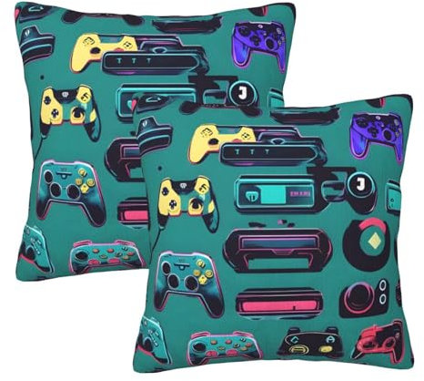 BREAUX Gaming Controller Patterns Print Square Cushion Cover 2 Piece Set, Reversible Plush Throw Pillow Covers for Sofa Bed Decoration