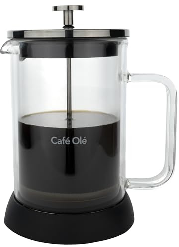 Café Olé Doppio Double Walled Glass Cafetiere, French Press, Silicone Non-Slip Base, 6 Espresso Cup/ 800ml, Black