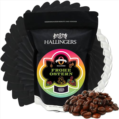 Hallingers Genuss Manufaktur Edel-Kaffee Oster-Geschenk-Set - schonend langzeitgeröstet bei niederen Temperaturen 10x No. O Frohe Ostern, Ostern Körbchen für Frauen Männer
