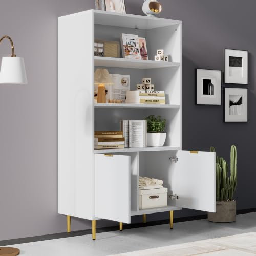 SogesHome Kommode Sideboards Eleganter weißer Hochschrank mit Goldverzierungen, 2 Türen, 3 Fächer für offene Lagerung, Vitrine, Eckschrank, Aufbewahrungsschrank, Badezimmerschrank, 80 * 40 * 140 cm