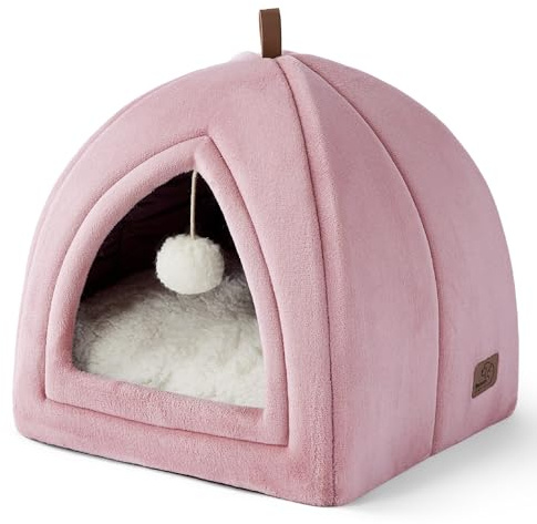 Bedsure Niche 2 en 1 pour chat d'intérieur - Niche pour chatons et petits animaux de compagnie - Tente pliable avec coussin amovible et lavable - Cachette pour chat avec fond antidérapant - Rose -