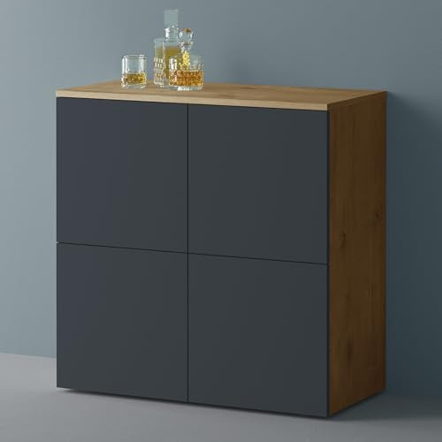 Mai & Mai Sideboard 76cm Kommode 4 Türen Soft-Close grifflos Stauraum | Sideboard Wohnzimmer, 4 Stauräume, verstellbare Füße, Flurschrank, Kerneiche + Anthrazit matt, BxTxH:76x36,4x74cm, Schrank04