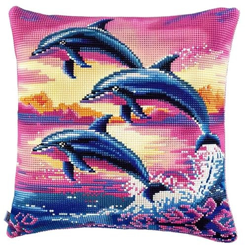 kitphoenix Knüpfkissen Set Delfin Knüpfkissen Set für Anfänger Erwachsene oder Kinder zum Selber Knüpfen, DIY Knüpfteppich Knüpfpackung, Knüpfhaken Set 43 x 43 cm