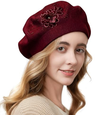 Gajaous Blumenstickerei Baskenmütze für Damen, Französische Stil Strickbaskenmützen, Stilvolle Unifarbe Baskenmütze für Frauen Damen