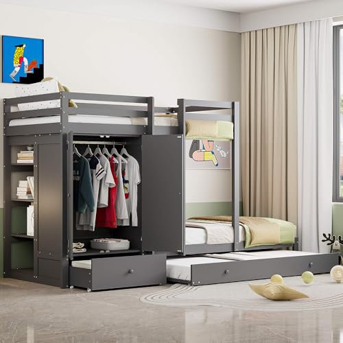 YCYDHDM Etagenbett Kinderbett 90 x 200 cm mit Ausziehbett und Kleiderschrank, Hochbett mit Schublade und Ablagefach, Bettgestell mit Lattenrost und Stauraum, für Kinderzimmer, Ohne Matratze, Grau