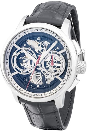 MAURICE LACROIX Masterpiece Chronograph Skeleton Herren-Armbanduhr Analog Automatik mit schwarzem Lederband MP6028-SS001-090-2