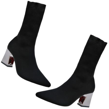GALPADA Botines tipo calcetín para mujer con tacón grueso y punta puntiaguda, diseño elegante en tejido elástico y algodón para temporada fría, cómodos para caminar al aire libre