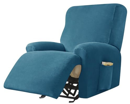 Hearda Sesselschoner für Relaxsessel, Silberfuchs-Samt Stretch Sesselschoner, Modern 4-Teilig Relaxsessel Bezüge, rutschfest Recliner Cover, Waschbar Sesselbezug mit Taschen (Aqua)