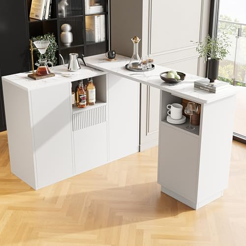 Tavolo da bar girevole a 360°, piano di lavoro in marmo, design flessibile a L o lineare, versatile, per cucina, soggiorno e sala da pranzo, grande spazio di archiviazione, 198,5 x 30 x 75 cm (bianco)