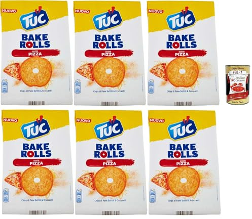 Tuc Bake Rolls, Chips di Pane Sottile e Croccante Gusto PIzza, chips de pain fines et croustillantes cuites au four, 6 x 150 g + Italian Gourmet Polpa 400 g