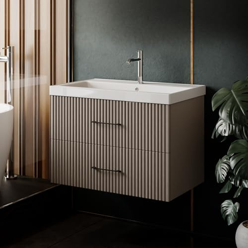 Karen Waschtisch mit Unterschrank Liana | Keramikwaschbecken | Unterschrank | Badmöbel | Aufsatzwaschbecken | Konsolenwaschtisch | Elegant | Badezimmer | Riffeloptik (Liana 80)