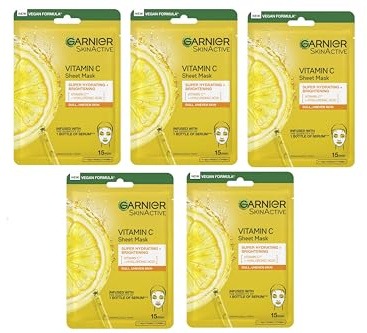 Skin Nautral Garnier's Vitamin C Sheet Mask, Super Hydrating and Brightening, Vegan Formula, Pack of 5