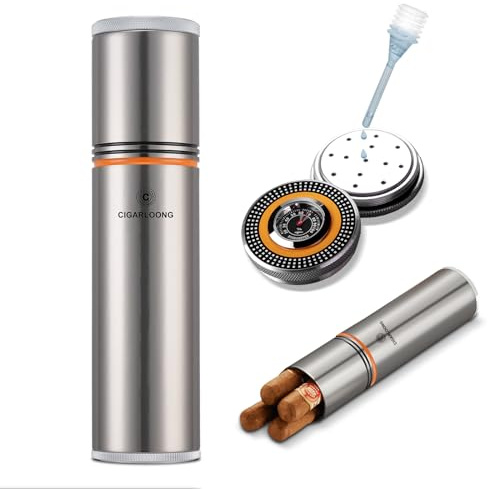 Custodia per sigari a tubo, portatile, con tubo per sigari in acciaio inox, porta sigarette, igrometro e umidificatore, umidificatore per sigari da 3 a 4 sigari (argento)