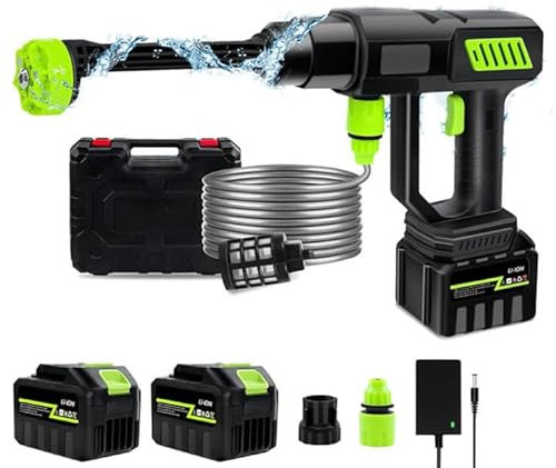 Nettoyeur Haute Pression sur Batterie,120Bars,Pistolet Haute Pression sans Fil 300L/H avec Buse 6 en 1 et Tuyau de 5M,Pistolet Haute Pression pour Lavage et Arrosage de Voiture (2 Batteries)