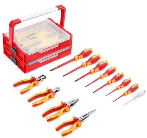 CRIPOP 12 PCS Insulated Electrical Screwdrivers&Pliers Set - 1000V VDE Tested & GS Certified - Includes Voltage Tester, 4 Phillips&3 Slotted Screwdrivers, 4 Insulated Pliers and 2 Stackable Tool Box