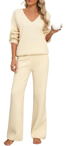 CMTOP Ensemble Femme 2 Pièces Pyjama Hiver Automne Survêtement Jogging Sportswear Col en V Tricot Manches Longue Elastique Taille Haute Pantalon Chic et Elegant Loungewear Set (Beige, L)