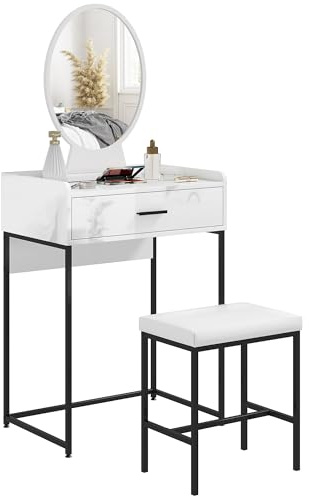 HOMCOM Postazione Trucco con Specchio Ribaltabile, Sgabello Imbottito e Cassetto, Toeletta Trucco in MDF e Sgabello con Cuscino per Camera da Letto, Bianco
