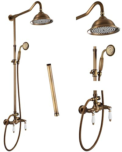 shower system Head Faucet Antique Brass 8 Inch Rainfall 12 Inch Extension Tube Included Handheld Spray Fixture Dual Lever Handle Mixer Bathroom Combo Set Wall Mount
