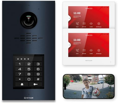Metzler Video Sprechanlage für 1-500 Parteien Komplett Set - LAN/POE - Türsprechanlage mit IPS Touchscreen-Display und 2 Innenstationen als Kit, in Anthrazit aus V2A Edelstahl | VDM10 2.0 Horizon