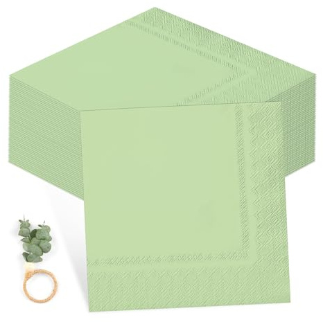 60 Stück Servietten Salbeigrün, Servietten Eukalyptus Grün, 2-Lagig Cocktailservietten, Papierservietten Napkins mit Serviettenringe, Grün Servietten für Hochzeit Geburtstag Party