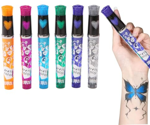 6 Farben Tattoo Stifte Kinder, Tattoo Stifte, Glitzer Tattoo Set Kinder, Glitzer Tattoo für die Haut, Tatoostift, Schultüte Füllung, für Jungen und Mädchen Party Verkleiden, Geschenke für Mädchen