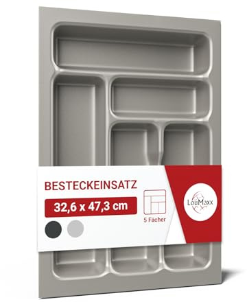 LouMaxx Besteckeinsatz für 40 cm breite Schubladen - Besteckkasten 47,3 x 32,6 cm Made in Germany, silbergrau mit 5 Fächern und stabilen Ecken - bruchfest & langlebig