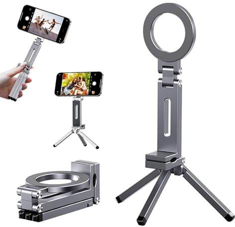 Magnetic Pocket Phone Tripod, Foldable Mini Tripod with 360° Rotation & 1/4 Screw Holes, Universal Magnetic Holder for iPhone 12-17 Series, Ideal for Video, Vlog, Travel Photography