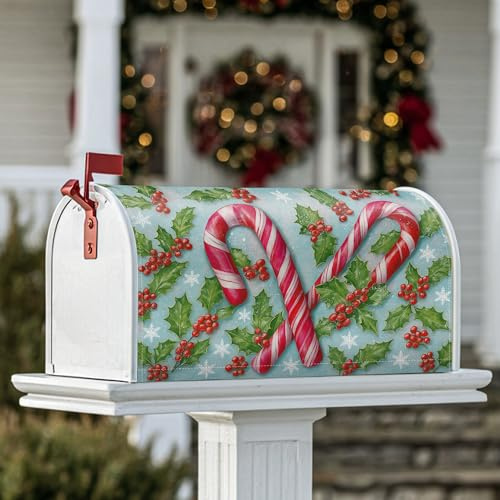 Copertura magnetica per cassetta postale con bastoncini di zucchero, motivo natalizio con bacche di agrifoglio, decorazione per prato, 45 x 53 cm