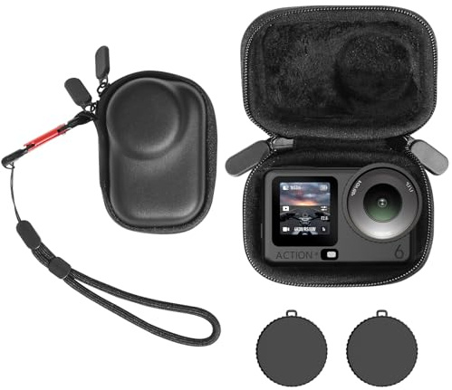 AMAZEAR Tragetasche für DJI OSMO Action 6 Zubehör + 2X Silikon Objektivkappen Set – Kompakte Hartleder Mini Tasche mit Weichem Innenfutter, Schutz & Ordnung für Actionkamera Zubehör - Reisetasche
