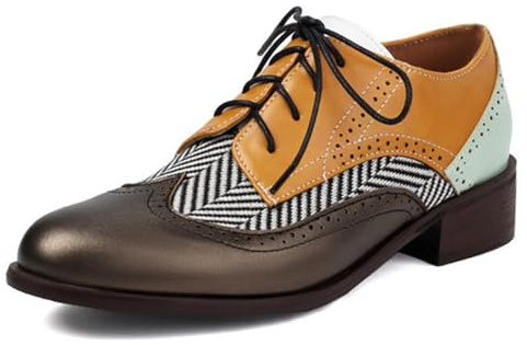 MiaZane Chaussures Oxford Brogue Classiques pour Femme Design Wingtip Perforé Petit Talon Bloc Fermeture à Lacets Cuir Multicolore Bout Rond,Yellow Grey,47 EU