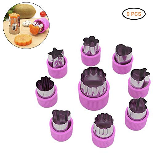 Hztyyier 9Pcs Fruit Vegetable Cutter Molds, Stainless Steel Flower and Cartoon Shape Tools for Kids Meals (Pink)