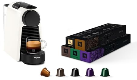 Nespresso Magimix Essenza - Mini Machine à Café Blanche - Avec 50 Capsules | Bundle avec Cafetière à Dosette Compacte et 50 Capsules Aluminium -Espressos - Extraction Haute Pression et Chauffe Rapide