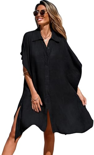Tiakay Women's Swimsuit Cover Up Shirt Dress | V Neck Short Sleeve Button Down Oversized Linen | Summer Beach Bikini Cover Up for Ladies (Black)