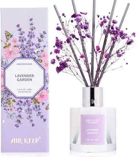 Airkeep Raumduft Lavender Garden – Reed Diffuser mit 8 Duftstäbchen, langanhaltender Lufterfrischer für Badezimmer, Schlafzimmer & Wohnzimmer, stilvolle Heimdekoration, 100m