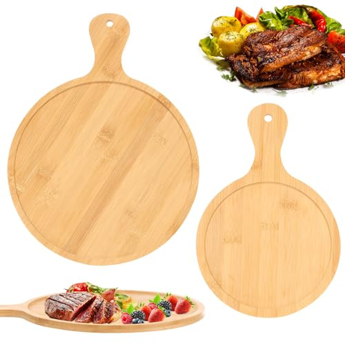Goshoppers 2 platos de pizza de madera de 28 cm y 18 cm con mango, redondos, para pizza, pan, fruta, postre (1 unidad de 28 cm + 1 pieza de 18 cm)