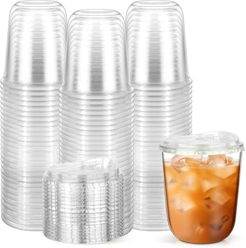 KAHEIGN 50 Piezas Vasos de Plástico Transparente con Tapa, 360ml Vaso Reutilizable de Plástico para Café Elegantes Vasos para Bebidas de Fiesta para Café Helado Batidos Bebidas Frías Fiestas Catering