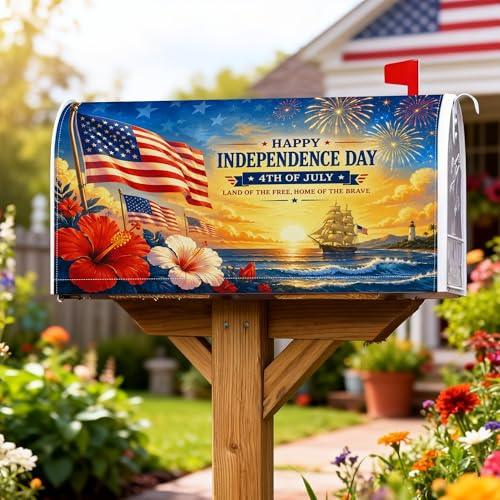 Copertura magnetica per cassetta delle lettere con bandiera americana, copertura per cassetta delle lettere rossa con ibisco e nave dell'indipendenza, decorazione per casa e giardino, 45,7 x 53,3 cm