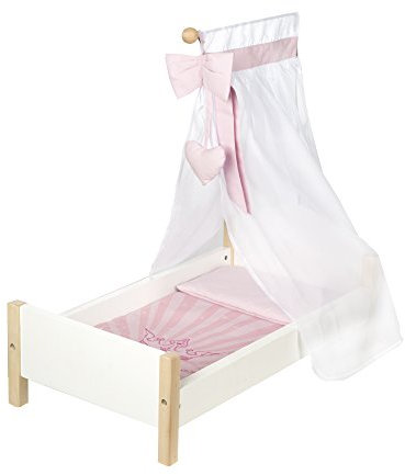 roba Puppenbett aus Puppenmöbel Serie „Scarlett“, Puppenzubehör weiß lackiert, inkl. textiler Ausstattung, Bettwäsche und Himmel rosa
