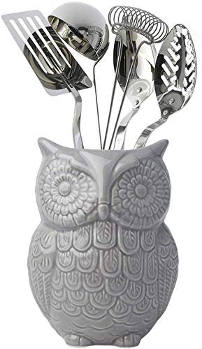 Comfify Owl Utensil Holder Decorative Ceramic Cookware Crock & Organizer, in Lovely Grey Color - Utensil Caddy and Perfect Kitchen Ceramic Décor Gift - 12.7 x 17.8 x 10.2 cm Size
