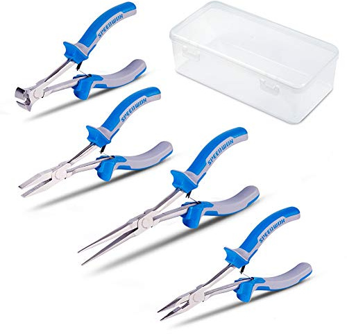 SPEEDWOX Long Reach Pliers Set with Storage Box 4 Piece Mini Pliers Kit Precision Slim Wire Cutters Fine Pliers for Hard to Reach Narrow Spaces High Leverage Reduce Efforts Tools for Mechanical Work