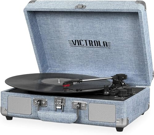 Victrola Tourne-Disque Bluetooth Portable en Forme de Valise avec Platine à 3 Vitesses de Style Vintage avec Haut-parleurs intégrés | Son Audio amélioré | avec Un Stylet supplémentaire | Lin Bleu