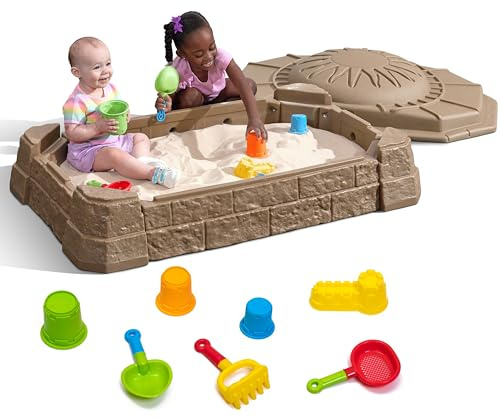 Step2 Naturally Playful Sandbox II, Kids Sand Activity Sensory Play Pit, Summer Outdoor Toys, 7 Piece Water Toy Accessories, for Toddlers 1+ Years Old
