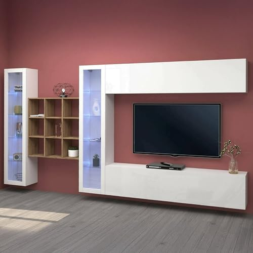 Dmora - Système mural Gustavo, meuble TV 4 portes, Meuble de salon polyvalent avec vitrine et lumière LED, 100% Made in Italy, 350x30h180 cm, Blanc brillant
